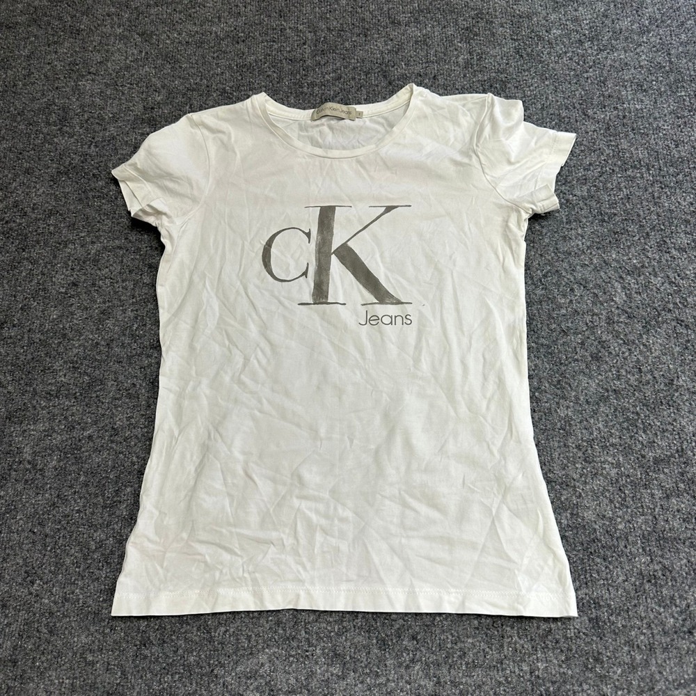 Calvin Klein T-Shirt Womens S White Logo Graphic Short Sleeve Slim Fit Cotton